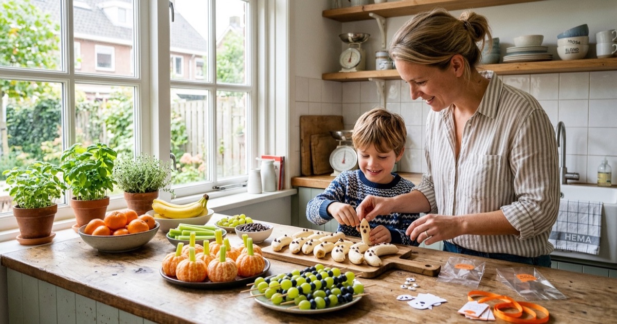 Ouder en kind maken mandarijn-pompoenen en banaan-spookjes voor een halloween-traktatie aan het aanrecht.