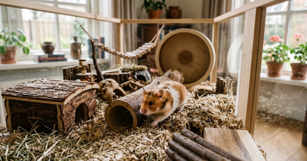 Een Syrische hamster in een ruime kooi met houten huisje, loopwiel en bedding bij daglicht
