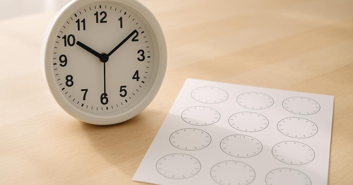 Jong kind oefent hele uren klokkijken met een kartonnen oefenklok op tafel