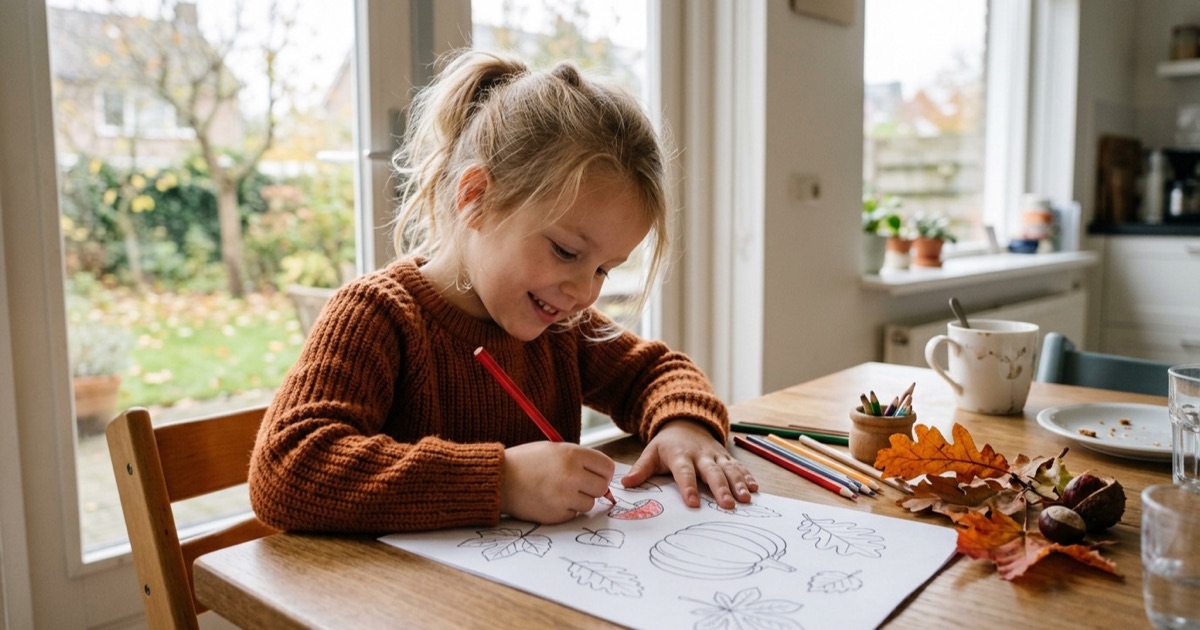 Kind kleurt een herfst kleurplaat aan een keukentafel met echte bladeren ernaast
