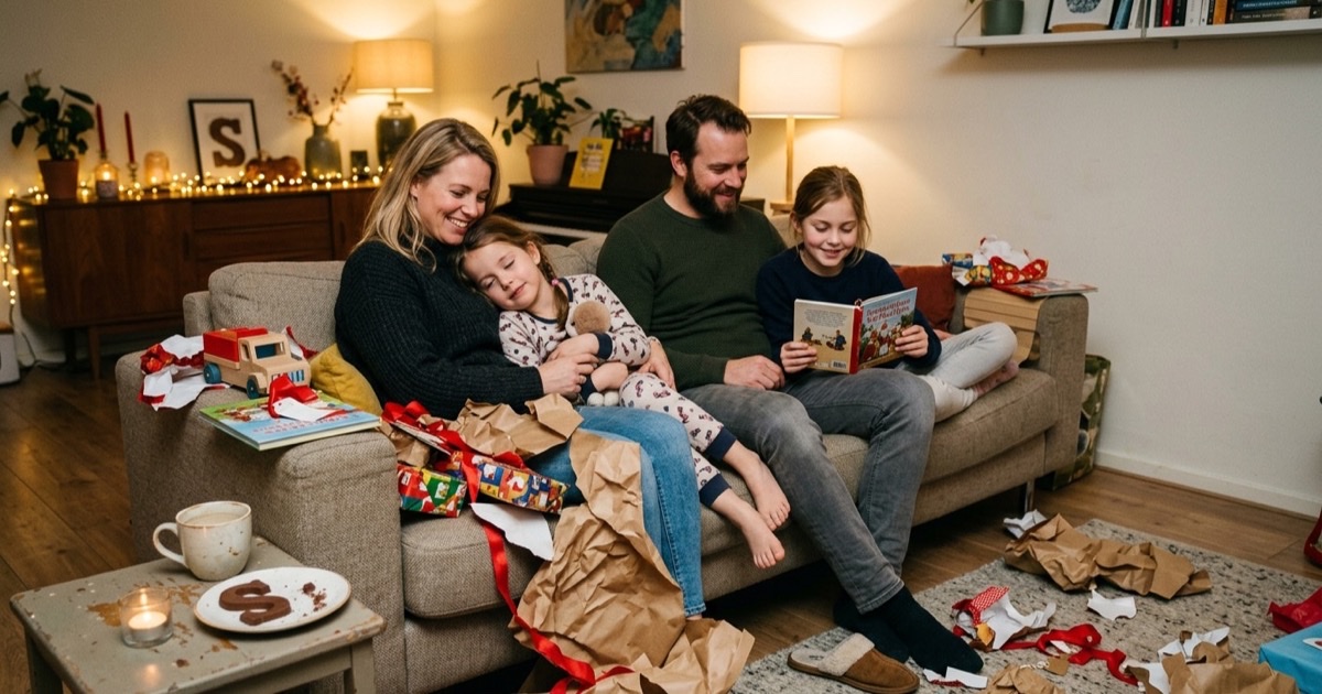 Een gezin op de bank na pakjesavond, omringd door uitgepakte cadeaus