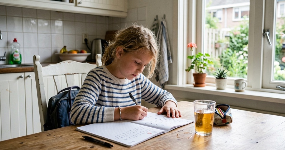 Kind van een jaar of tien aan keukentafel met glas appelsap en open schrift in zonlicht.