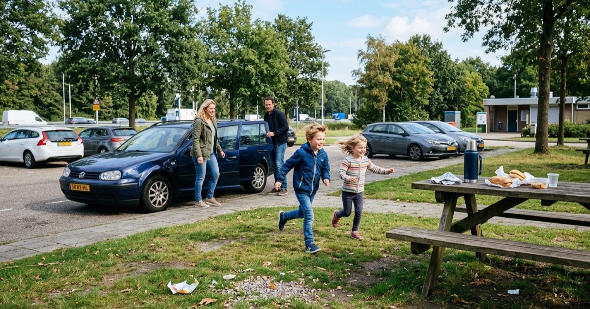 Gezin op een verzorgingsplaats: kinderen rennen naar een picknicktafel, ouders bij de auto.