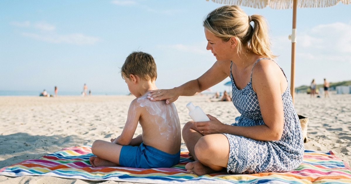 Ouder smeert het bovenste deel van een kinderrug op een strand met handdoek en parasol.