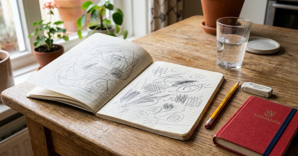Open schoolschrift met handgeschreven aantekeningen en een rode agenda op een houten keukentafel bij daglicht
