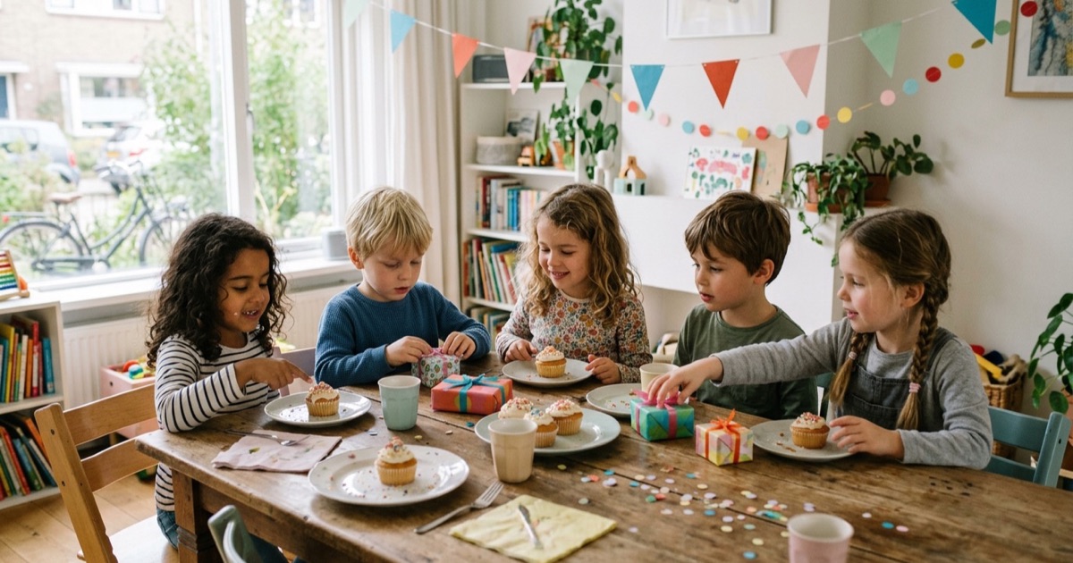 Groep van vijf kleuters zit rond een tafel met cadeautjes en cupcakes in een gezellige woonkamer.