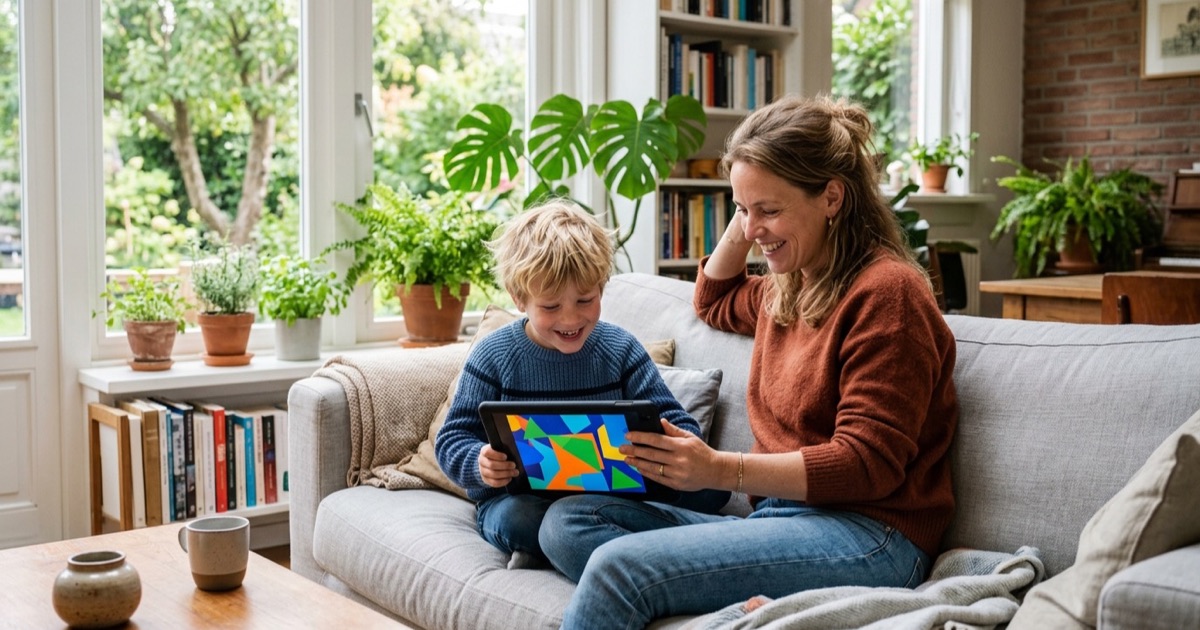 Een kind van rond de acht jaar zit met een tablet op schoot terwijl een ouder ernaast op de bank meekijkt bij daglicht
