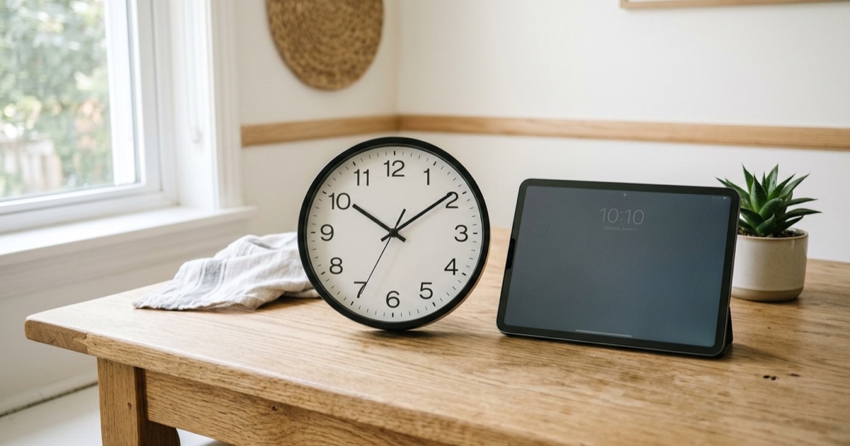 Eenvoudige analoge wandklok naast een tablet op een houten tafel met daglicht.