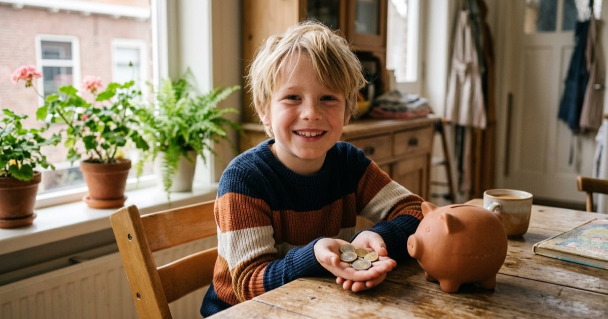 Een kind van rond de negen lacht trots met euromunten in de handen naast een spaarpot op de keukentafel
