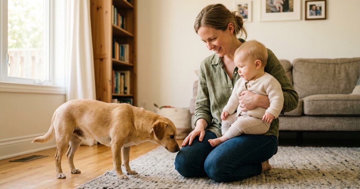 Een Nederlandse ouder met een baby in arm en een vriendelijke hond die kalm aan hen ruikt op de vloer