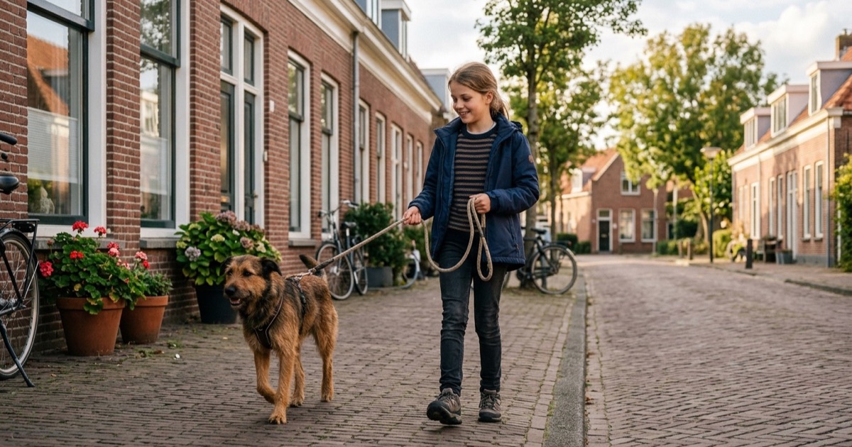 Een 11-jarig Nederlands kind laat een vriendelijke middelgrote hond uit in een rustige woonstraat