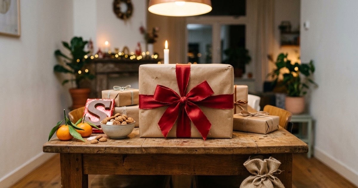 Een groot ingepakt hoofdcadeau met rode strik op een houten tafel