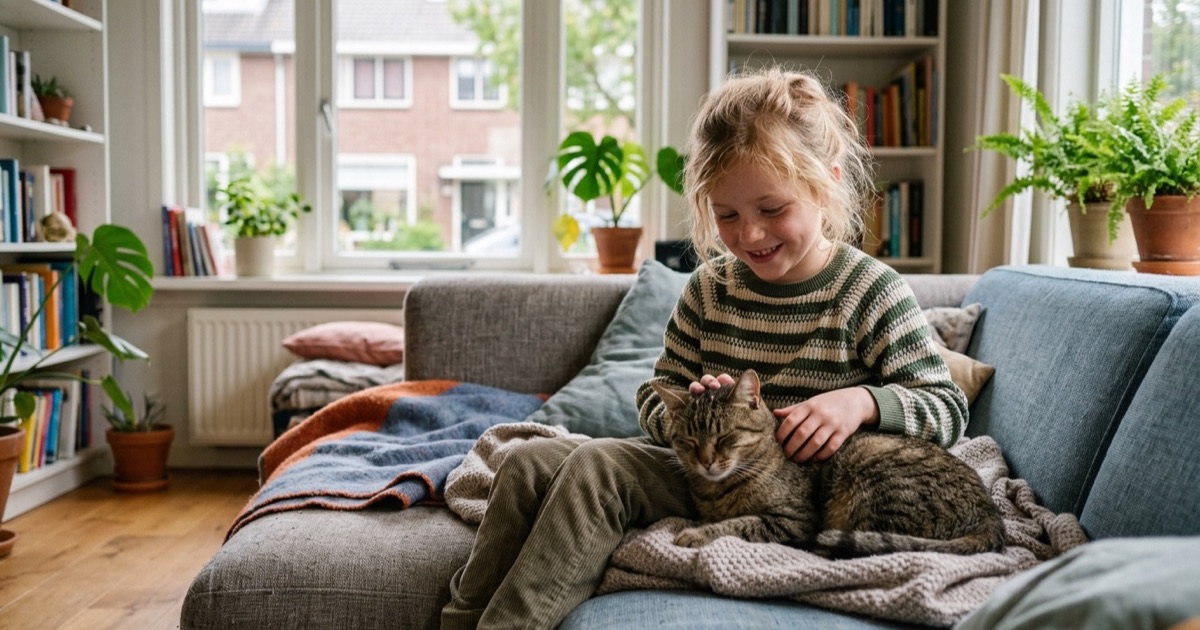 Een 7-jarig kind aait rustig een tamme kat op een bank in een lichte Nederlandse woonkamer