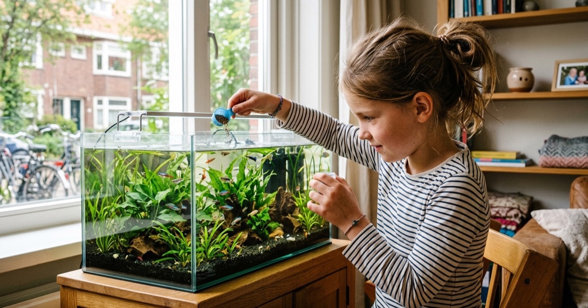 Een 9-jarig Nederlands kind voert geconcentreerd vissen in een goed verlicht aquarium