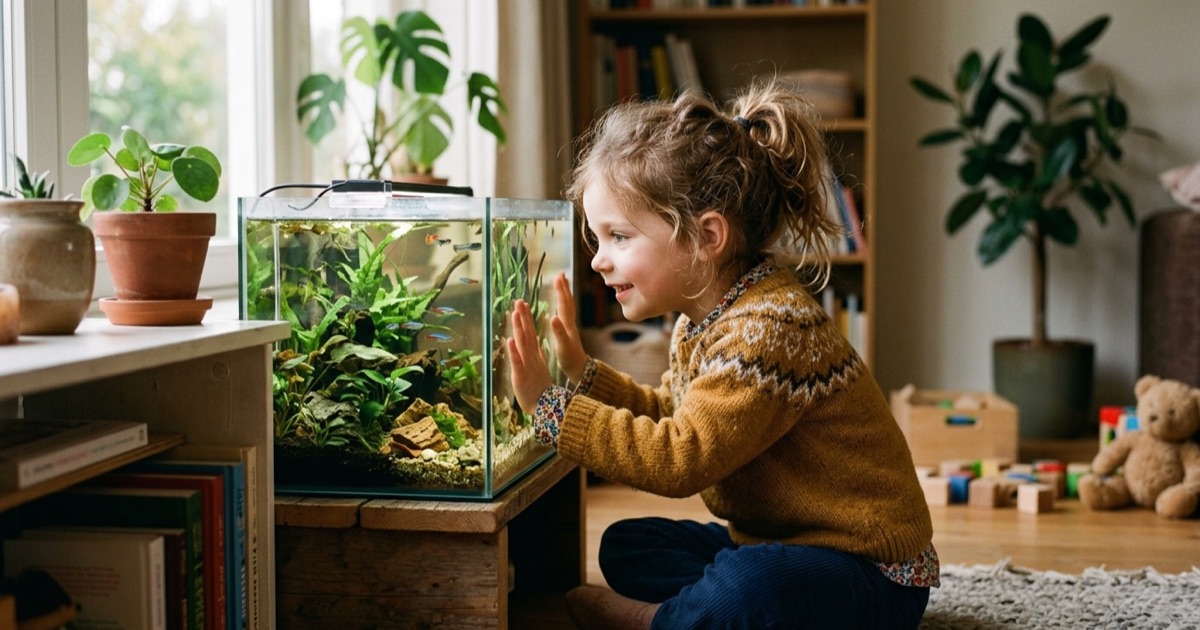 Een Nederlandse kleuter zit op de vloer en kijkt gefascineerd naar een aquarium met vissen