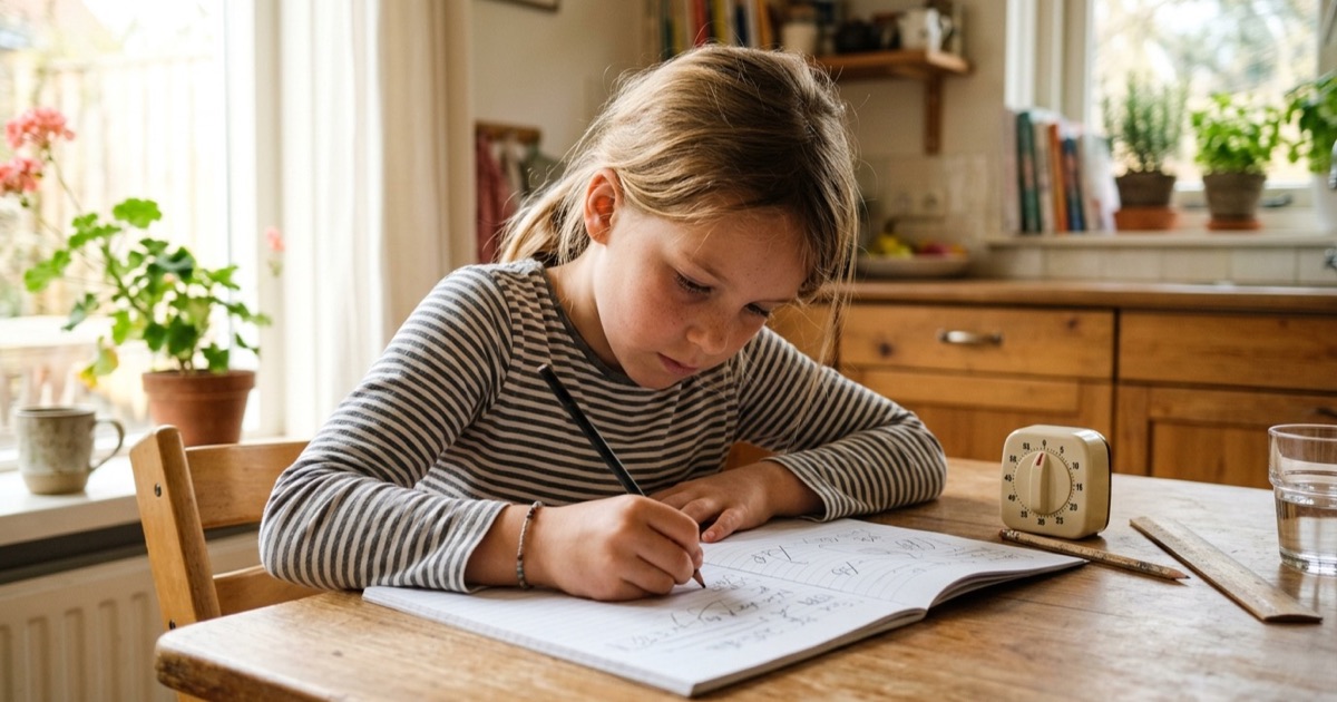 Een geconcentreerd kind van rond de negen werkt aan een schrift met een keukenwekker ernaast bij daglicht