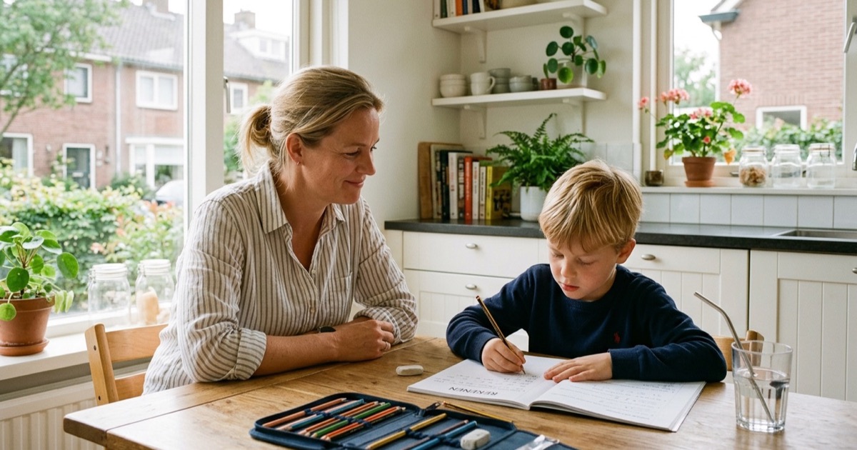 Een ouder en kind van rond de acht zitten samen aan de keukentafel met een schoolschrift bij zacht middaglicht