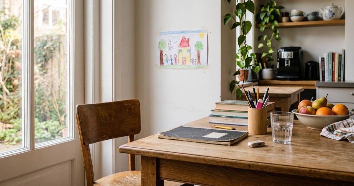 Een rustige hoek met een houten tafel, schoolspullen en daglicht uit een raam, ingericht als huiswerkplek