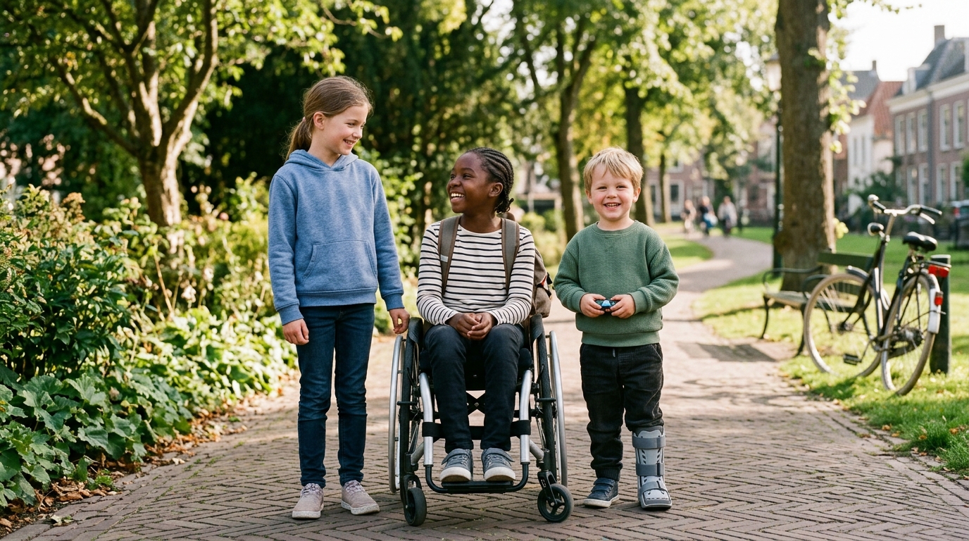 Diverse Nederlandse kinderen met en zonder beperking in een park — een in rolstoel, een met beenbeugel, een lopend