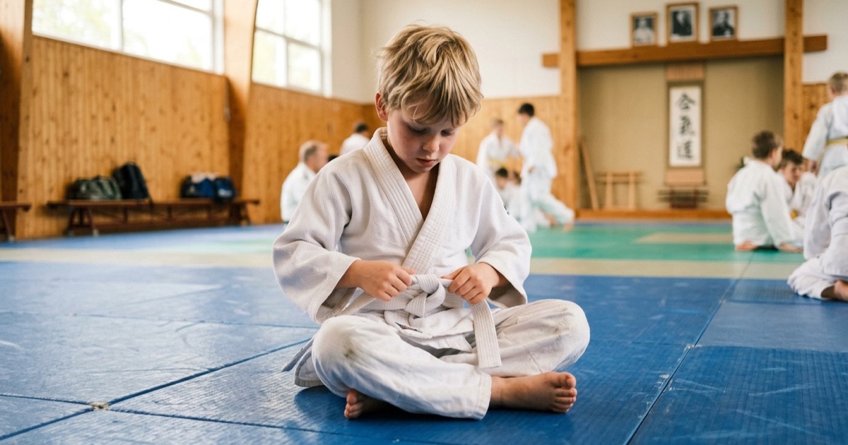 Jongen in wit judopak met witte band zit op een blauwe judomat en strikt zijn band.