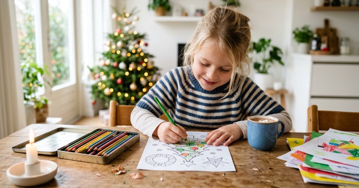 Kind kleurt een kerst kleurplaat aan een keukentafel met warme cacao erbij