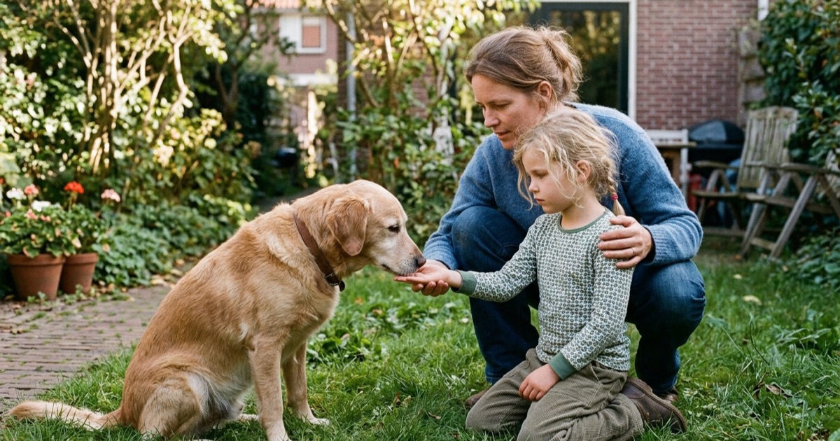 Een ouder leert een 7-jarig Nederlands kind hoe het een rustige hond veilig kan benaderen in de tuin