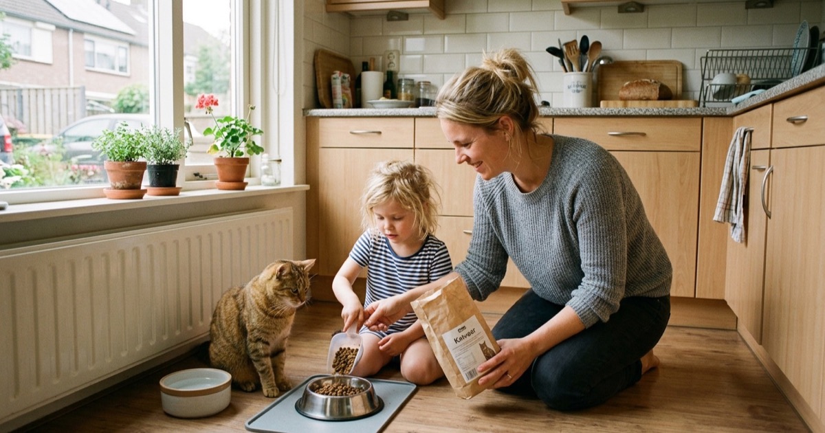 Een Nederlandse moeder en kleuter helpen samen een kat voeren in de keuken