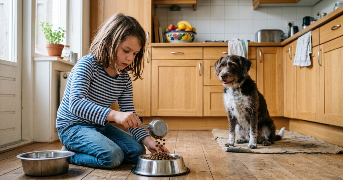 Een meisje van zeven schenkt brokken in de voerbak van de hond
