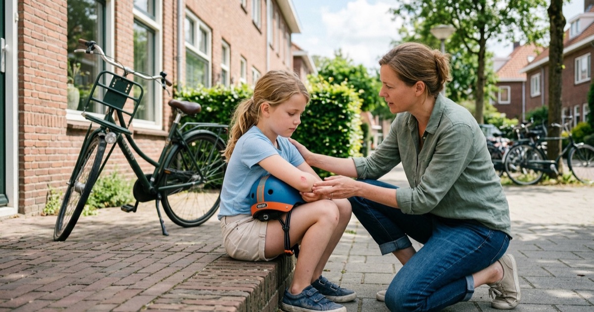 Kind zit op stoeprand met fietshelm naast zich en ouder kijkt rustig knielend ernaast.