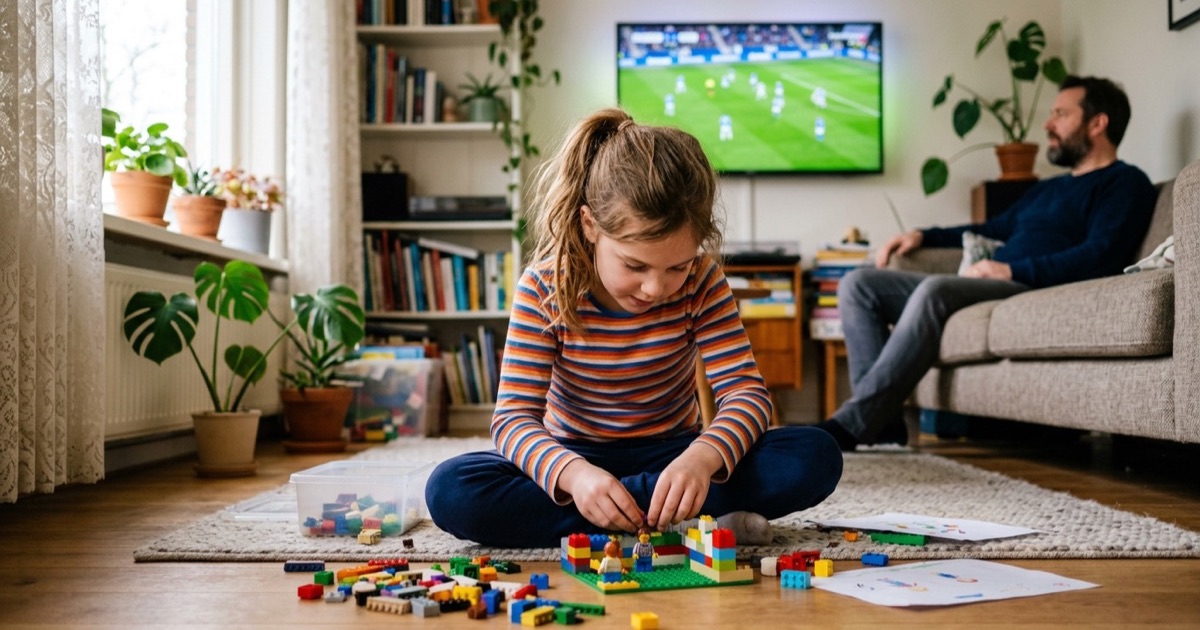 Een meisje speelt met Lego op de vloer in de woonkamer terwijl achter haar de tv een voetbalwedstrijd toont