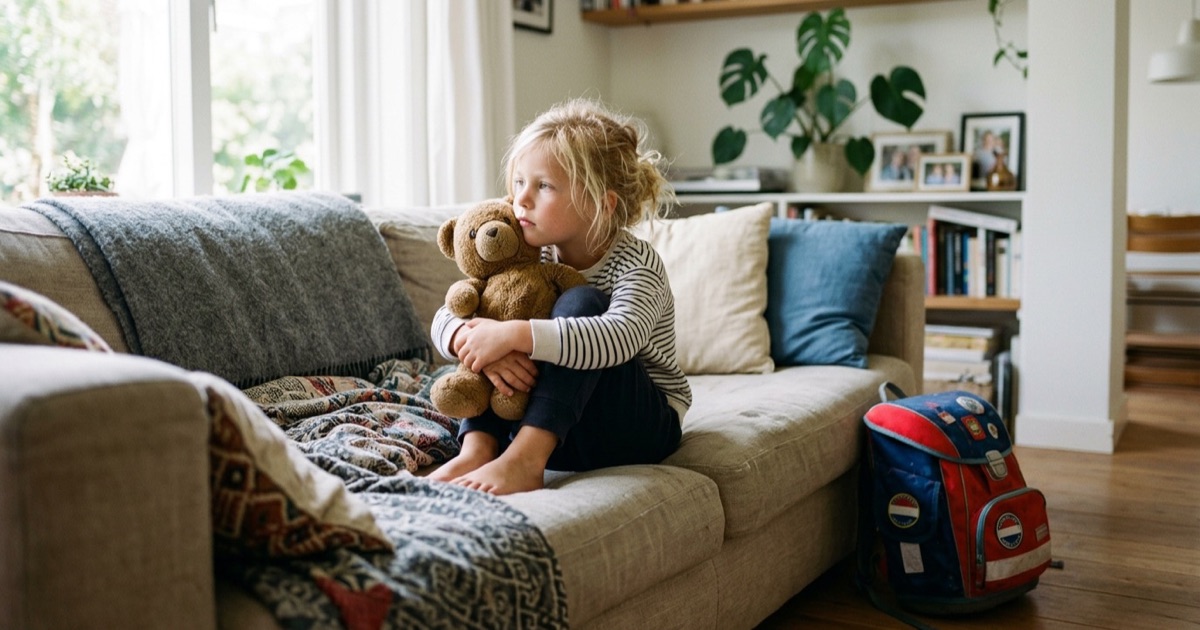 Kind van zes jaar zit met opgetrokken knieen op de bank en knuffelt een knuffel, schooltas op de grond.