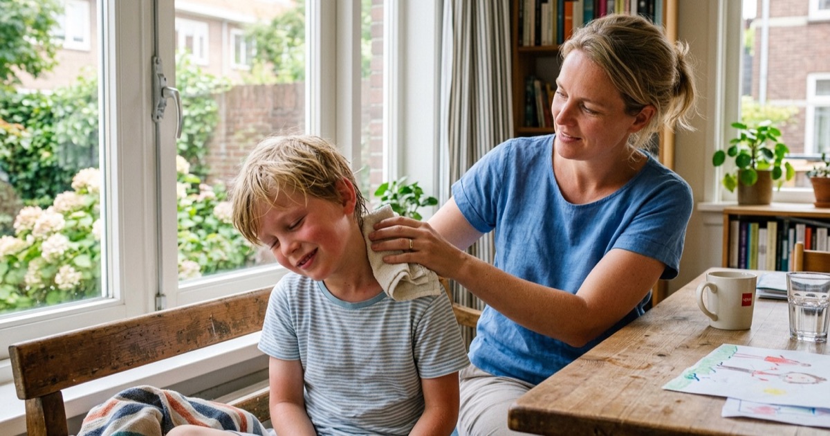 Een ouder legt een natte washand op de nek van een kind in een lichte Nederlandse keuken bij daglicht