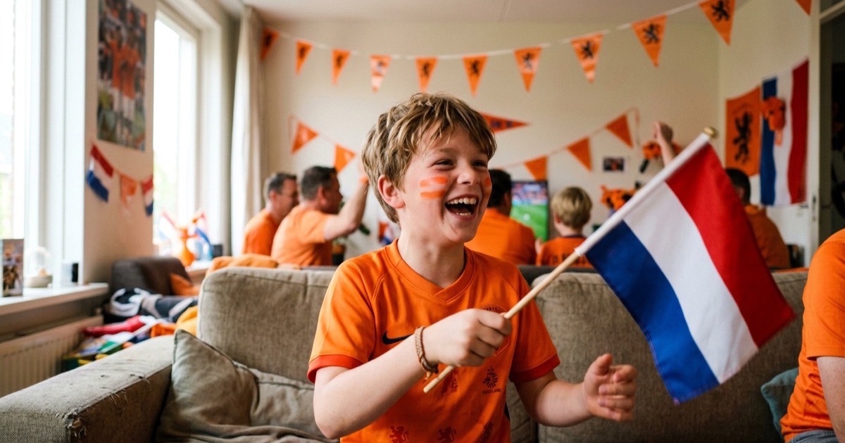 Een 9-jarige jongen in oranje shirt met geverfd gezicht en een Nederlandse vlag in zijn hand, helemaal in WK-stemming