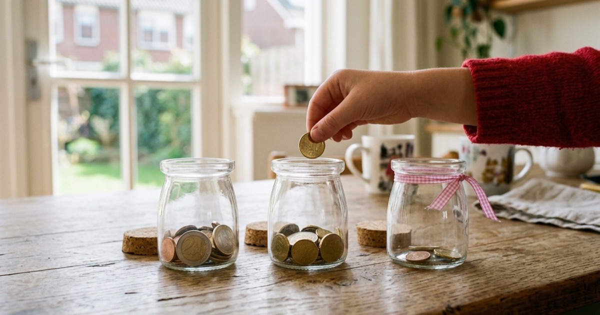 Drie glazen spaarpotjes op een houten keukentafel met euromunten verdeeld tussen de potjes bij daglicht