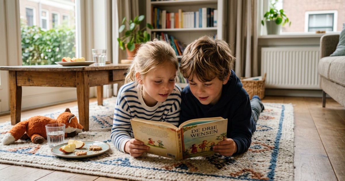 Twee Nederlandse kinderen liggen op het tapijt en lezen samen geconcentreerd een prentenboek.