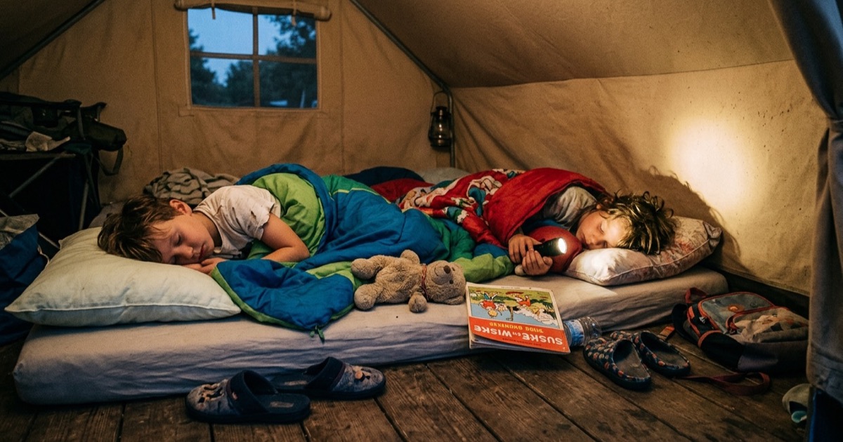 Twee kinderen in slaapzakken in een caravan met zaklamp tussen hen in op een warme zomeravond.
