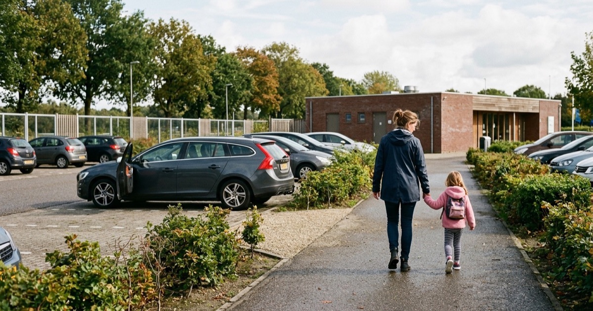 Ouder loopt met klein kind hand-in-hand naar een gebouw op een verzorgingsplaats.