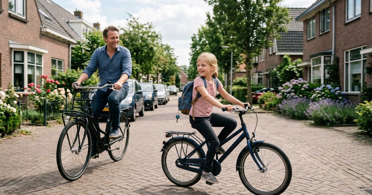 Vader en kind fietsen samen op een rustige Nederlandse woonstraat met bakstenen huizen.