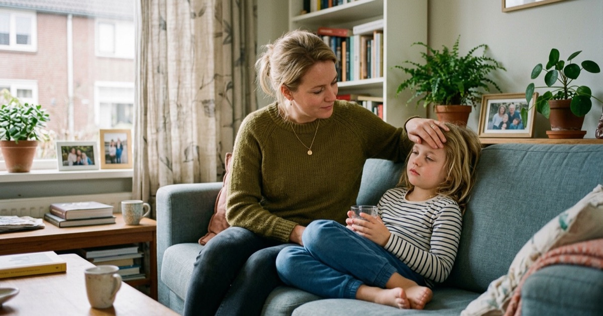 Een ouder voelt rustig het voorhoofd van een kind dat een glas water vasthoudt op een Nederlandse bank