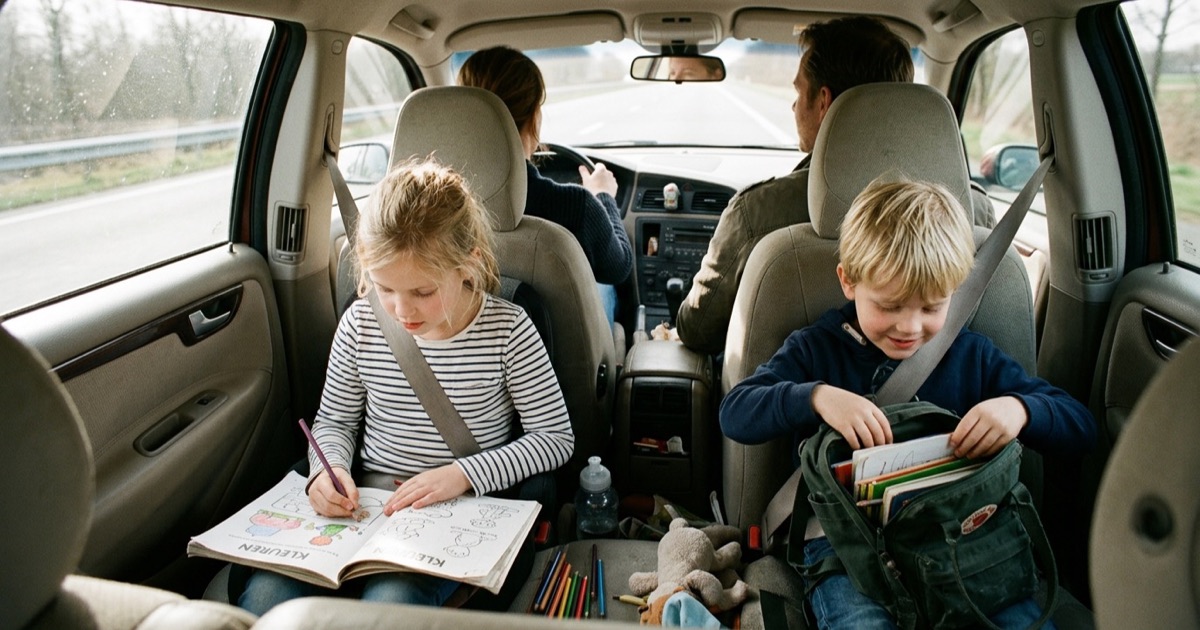 Twee kinderen lezen en knutselen op de bank in een lichte woonkamer, een tablet ligt opzij.