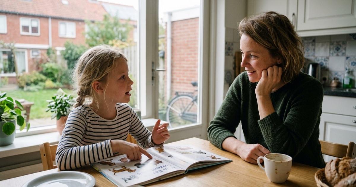 Een Nederlandse moeder en kind praten samen aan de keukentafel over een mogelijk huisdier