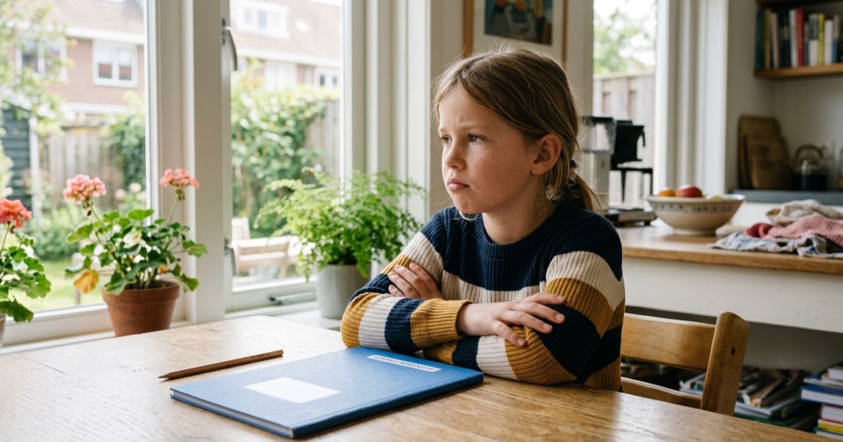 Een kind met armen gekruist zit afhakend voor een dichtgeslagen schrift aan de keukentafel bij daglicht