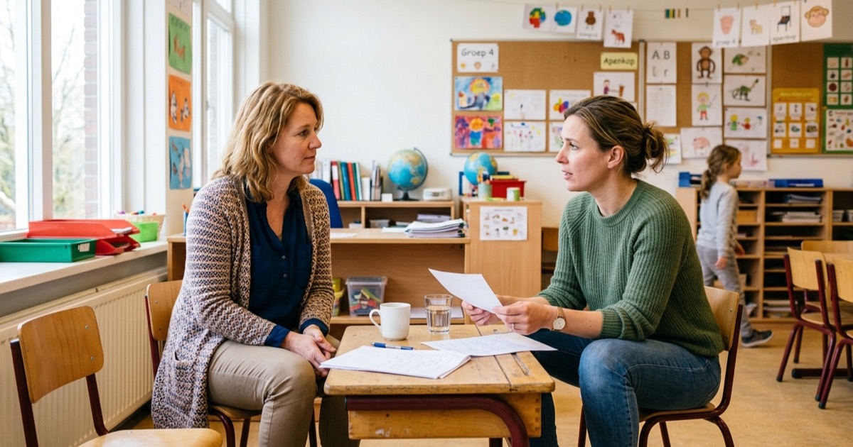 Nederlandse leerkracht en ouder voeren rustig gesprek aan lage tafel in licht klaslokaal met tekeningen.