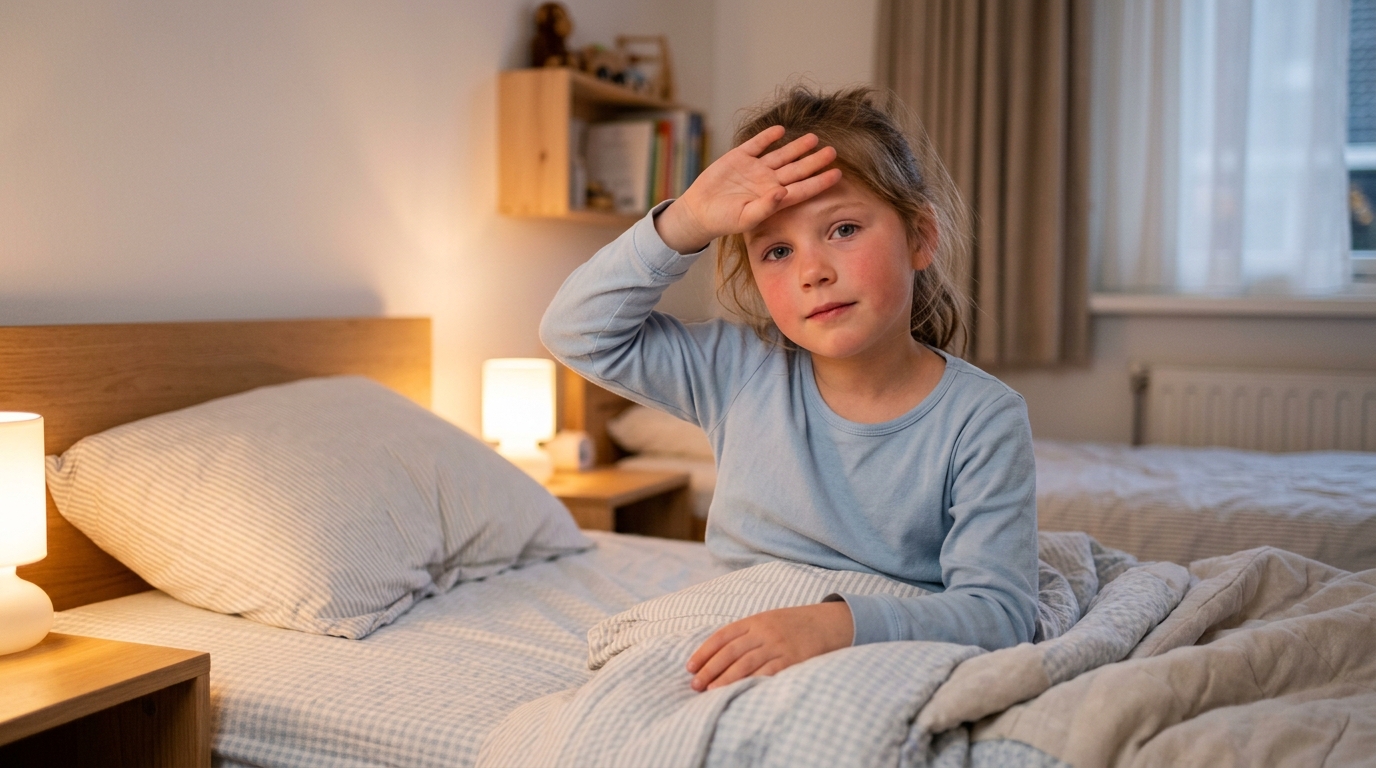 Kind in lichtblauwe pyjama veegt voorhoofd af op bed bij zacht avondlampje in rustige slaapkamer.