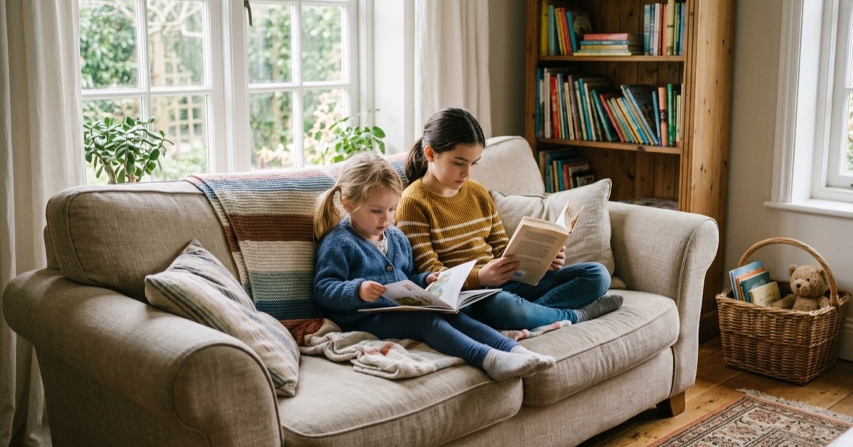 Twee kinderen lezen samen op de bank thuis met boekenkast achter zich