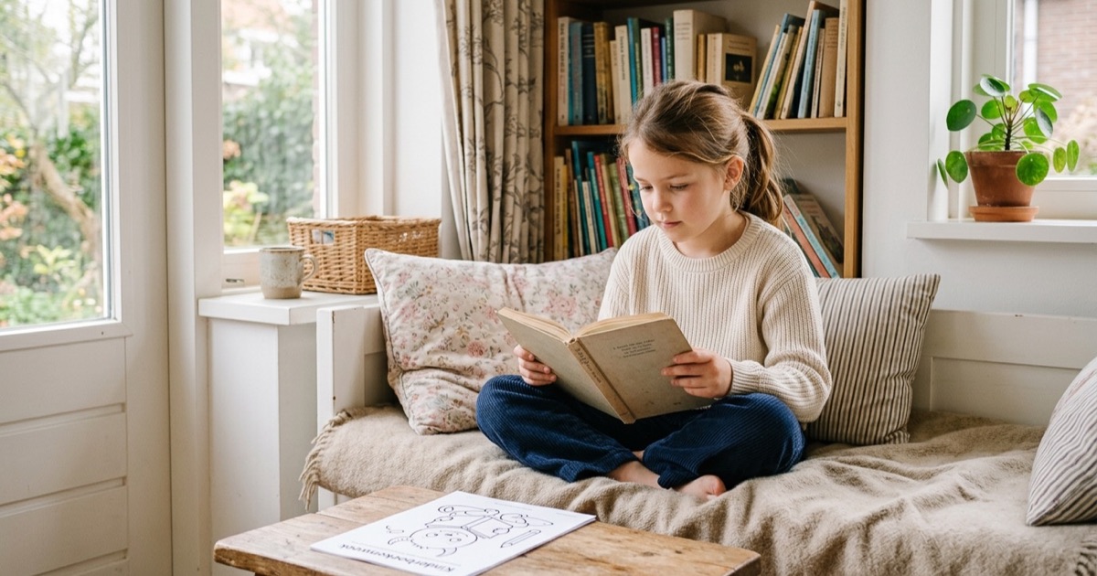 Kind kleurt een kinderboekenweek kleurplaat in een gezellige leeshoek met boeken