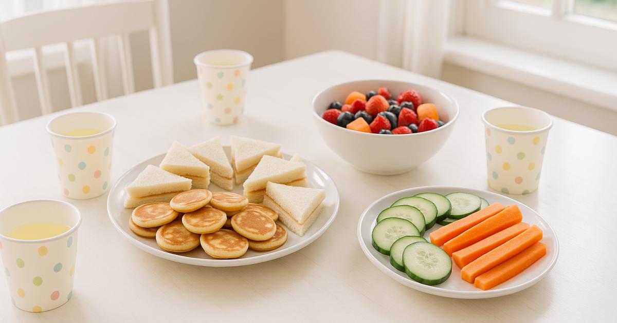 Tafel met pannenkoeken, fruit en cupcakes voor een kinderfeestje thuis