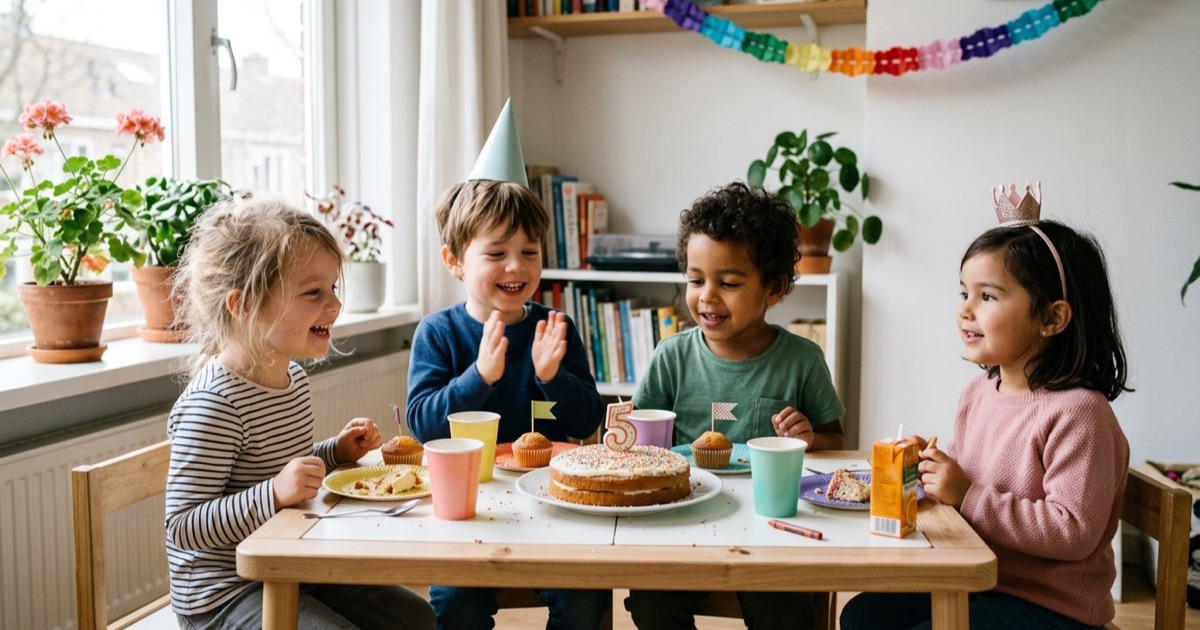 Vier kleuters zitten samen aan een verjaardagstafel met slingers en een eenvoudige taart in een lichte woonkamer.