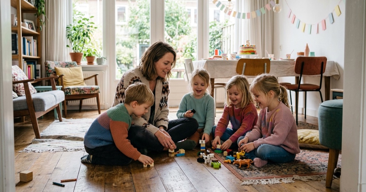 Ouder zit op de grond bij vier spelende kinderen in een woonkamer met versierde tafel op de achtergrond.