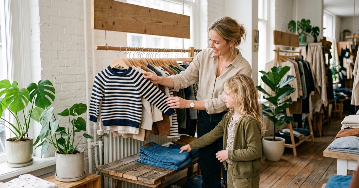 Kledingrek met kinderkleding en grote sale-stickers, een ouder bekijkt prijskaartjes.